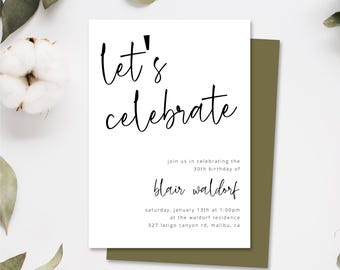 Let's Celebrate Party Invitation Template - Editable Surprise Birthday or Anniversary Invites, Black and White Design, Instant Download