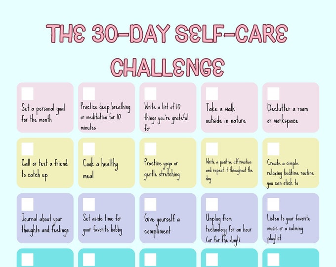 30 Day Self Care Challenge Worksheet - Printable - Etsy