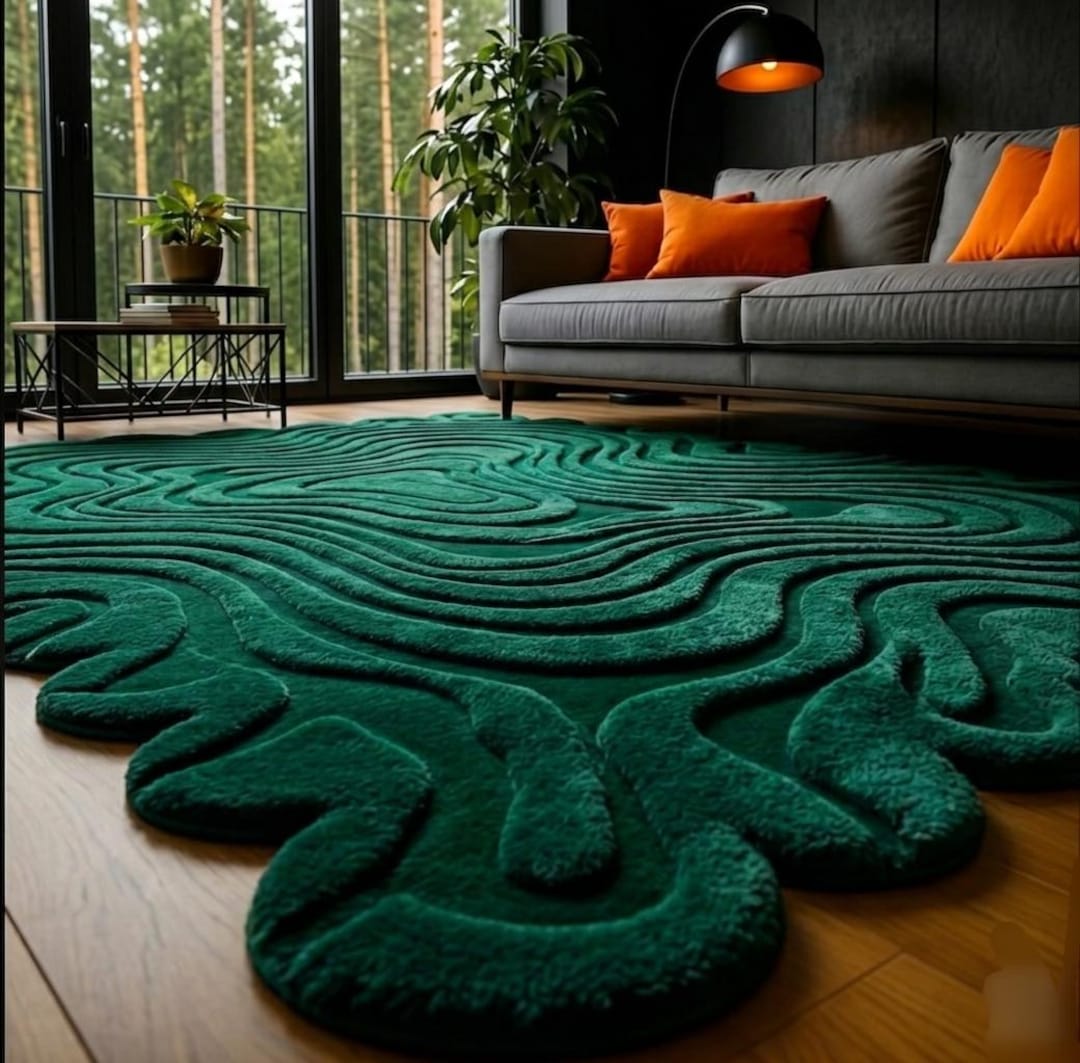 Emerald Green 3D Topographic Wool Rug – Hand-tufted Abstract Wave Area ...
