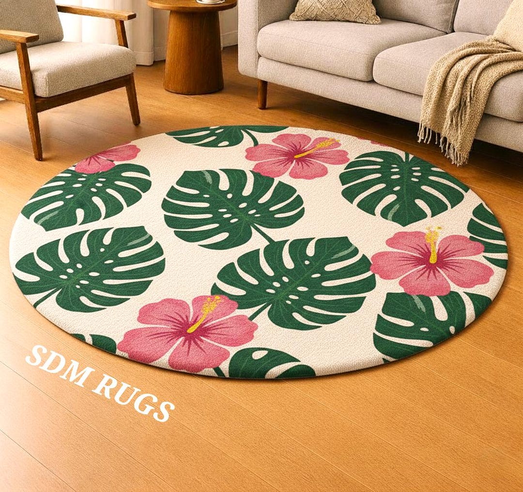 Hibiscus Rug Hand Tufted Tropical Round Rug, Monstera Leaves and Hibiscus Flowers ...