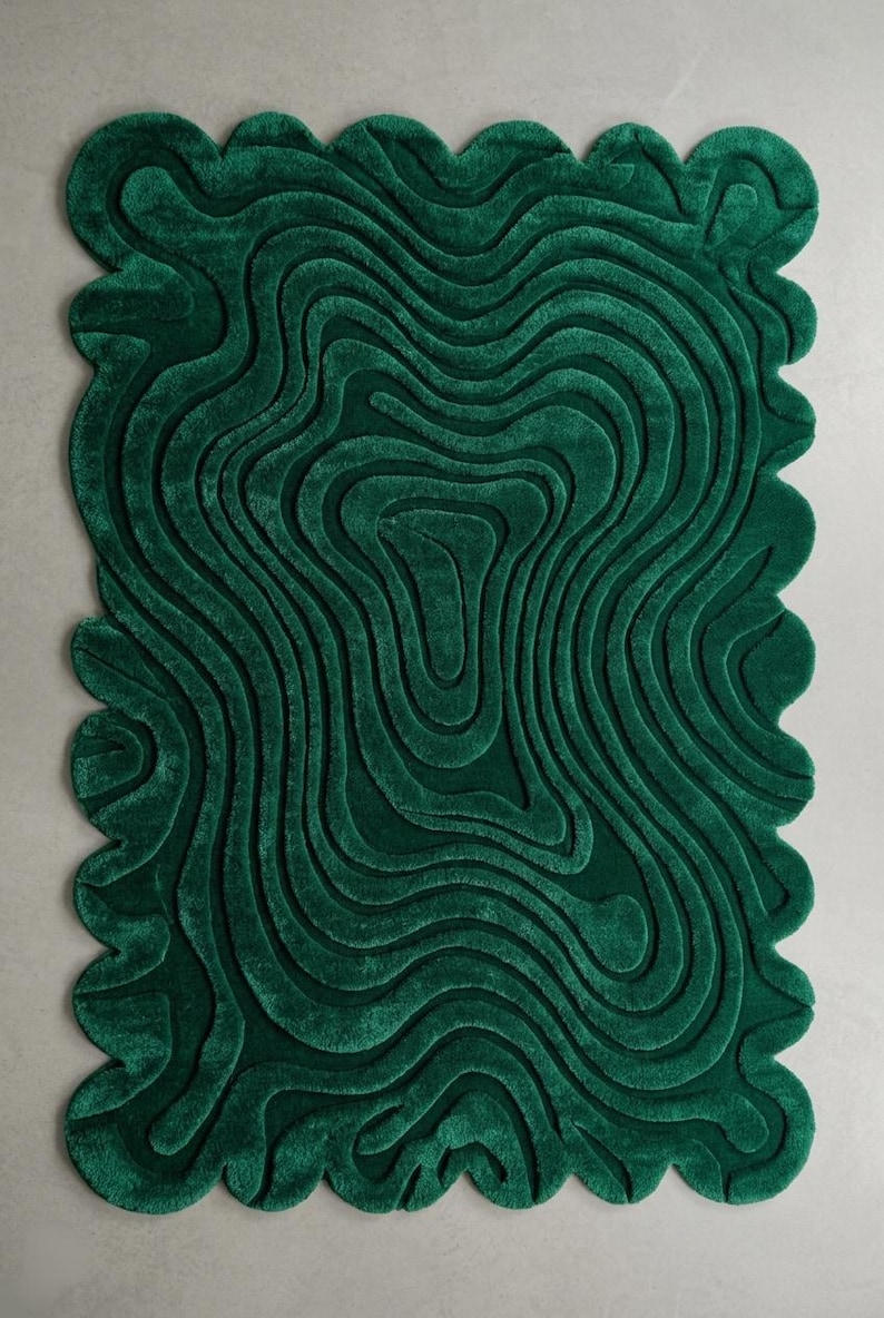 Emerald Green 3D Topographic Wool Rug – Hand-tufted Abstract Wave Area ...