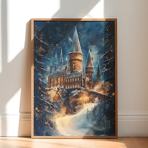 Winter at Wizard School Print, Snow Magic Painting, Magical Castle Prints, Trendy Wall Art, Cozy Christmas Poster, Snowy Village Printable