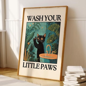 Impresión "Lava tus Patitas", Impresión digital divertida para el baño, Decoración de gato negro, Impresiones con vibraciones divertidas, Descarga instantánea, Arte de pared para inodoro