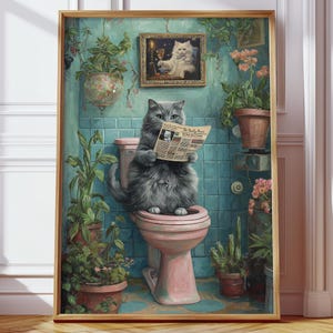 Bathroom Cat Print, Funny Kitten Reading Newspaper Poster, Pooping Prints, Toilet Wall Posters, Grey Cat Printables, Furball Wall Decor