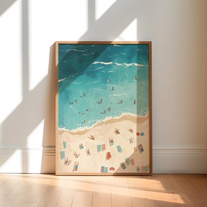 Winzige Leute Schwimmen Wanddekor, Sommer Ozean druckbar, Luftbild Strandblick Druck, Buntes Retro Poster, Minimalistische Strandhaus Dekoration