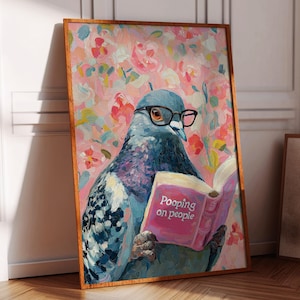 Tauben lesen "Pooping on People" Buch-Wanddekor, lustige Taube Druck, Vogel lesen lustige Buchkunst, humorvolle Tierkunst, digitaler Download."