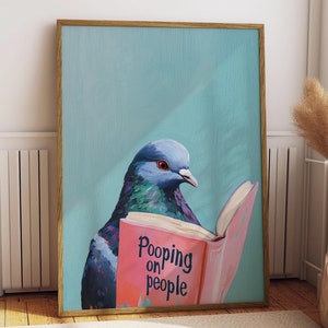 Decoración de pared con un libro de palomas leyendo "cagando sobre la gente", impresión divertida de palomas, arte divertido de libros con pájaros leyendo, arte humorístico de animales, descarga digital