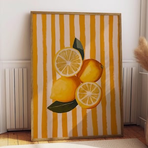 Zitronen Art Print, Zitronen und Streifen Kunst, Moderne Wandkunst, Küchen Wanddekor, Trending Art Print, Süßer Zitronen Druck, Digitaler Download