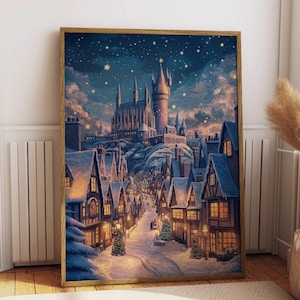 Winter at Wizard School Print, Snow Magic Painting, Magical Castle Prints, Trendy Wall Art, Cozy Christmas Poster, Snowy Village Printable