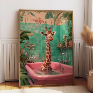 Lámina de jirafa en la ducha, láminas de defecación, pósteres para el baño, póster rosa de jirafas divertidas, imprimibles para el baño, decoración de pared con animales de safari