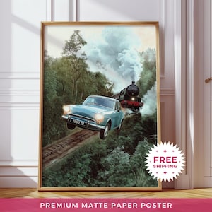 Matte papieren poster magische vliegende auto, blauwe Ford Anglia-schilderij, Magical Express-afdrukken, trendy muurkunstposter, wanddecoratie tovenaarswereld