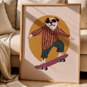 Arte de pared para habitación infantil con diseño de perro patinando, estampado animal caprichoso para habitación infantil, decoración infantil divertida, arte imprimible, descarga digital, 300 DPI