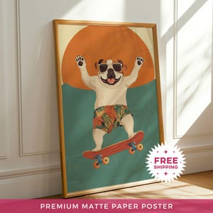 Skateboarden strand hond kinderkamer kunst aan de muur grillig dier decor voor kinderkamer speels kinderkunstwerk ingelijste huisdier kunst met gratis verzending