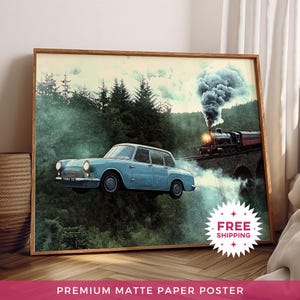 Matte papieren poster magische vliegende auto, blauwe Ford Anglia-schilderij, Magical Express-afdrukken, trendy muurkunstposter, wanddecoratie tovenaarswereld