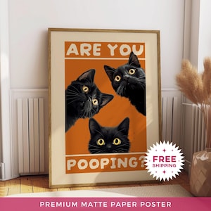 Póster de papel mate "¿Estás haciendo caca?", decoración divertida para la pared del baño, impresión para el hogar, pósteres para la pared del baño, póster de gato adorable, impresiones de animales de color naranja