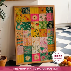 Op de afbeelding: Een ingelijste premium matte papieren poster met een patchwork-ontwerp. De poster heeft bloemmotieven in groen, geel, roze en oranje. Het frame is van lichtgekleurd hout. De tekst "FREE SHIPPING" en "PREMIUM MATTE PAPER POSTER" is aanwezig.