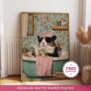 Póster de papel con diseño de conejillo de indias para baño, divertido póster de pared para baño, impresión de ducha de 300 DPI, póster adorable, ilustraciones de animales para el baño.