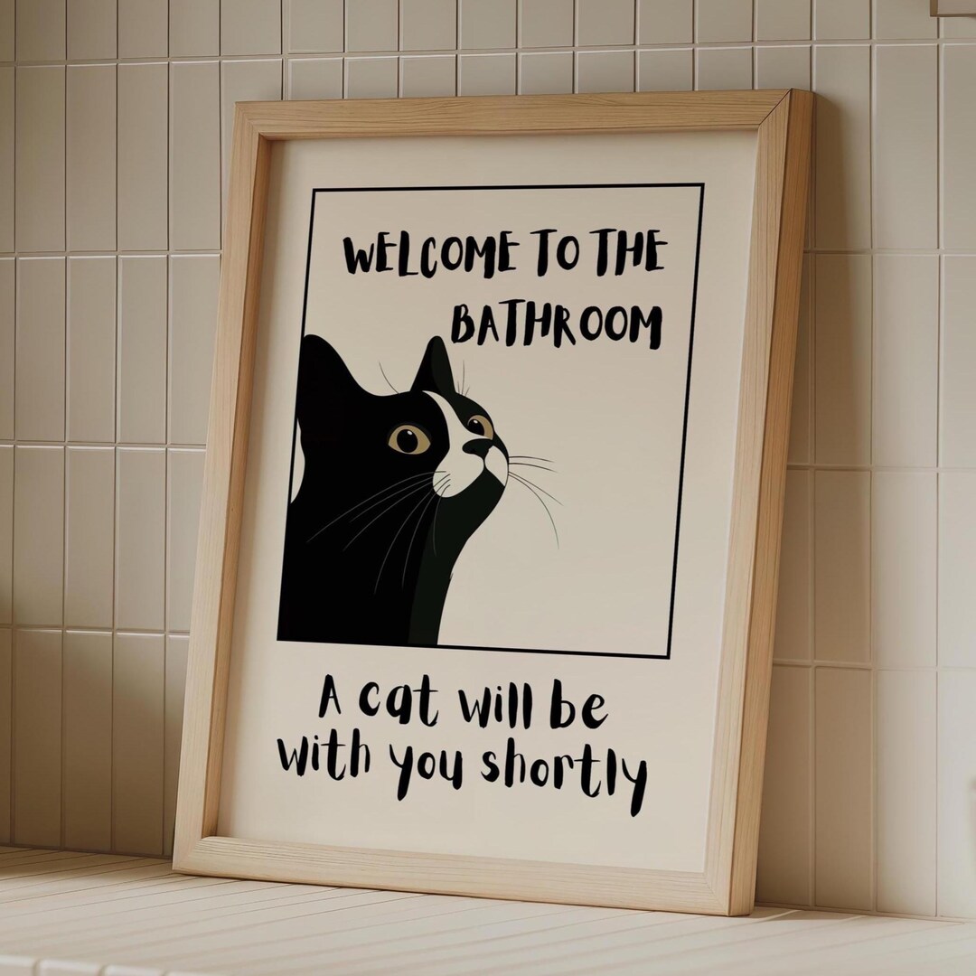 Funny Cat Bathroom Sign Printable, Minimalist Black and White Pet Wall ...