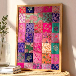 Colorful Quilted Wall Art Printable, Vintage Textile Patchwork Poster, Boho Fabric Decor, Eclectic Quilt Artwork, Cottagecore Home Print