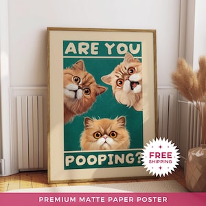Poster su carta opaca "Stai facendo la cacca?", Decorazione da parete divertente per il bagno, Stampa per la casa senza cornice, Poster da parete per il bagno, Poster con un gatto adorabile, Stampe di animali
