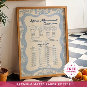 Puede incluir: Un cuadro enmarcado de conversión de medidas de cocina con un fondo beige claro y detalles florales azules. El cuadro incluye conversiones para tazas, cucharadas y cucharaditas. El póster está hecho de papel mate de primera calidad.