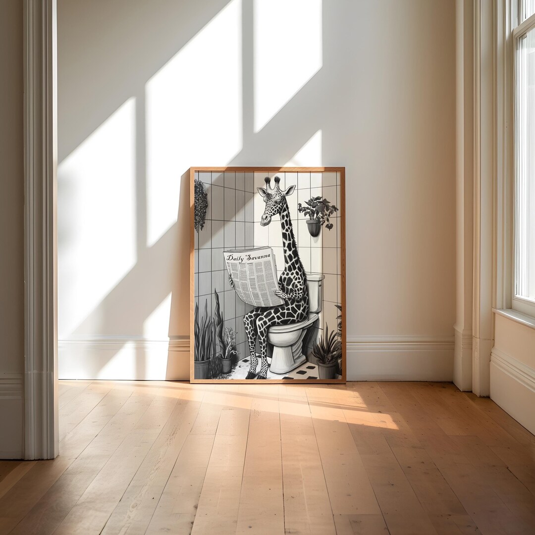 Bathroom Giraffe Print, Funny Animal Reading Newspaper Poster, Pooping ...