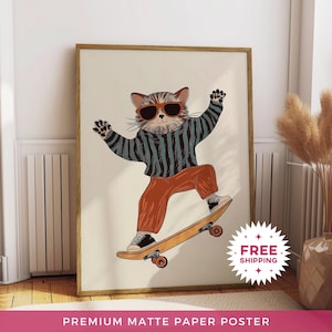Arte de pared para guardería con diseño de gato en patineta, estampado animal caprichoso para habitación de niños, decoración infantil divertida, póster artístico, obra de arte de mascota genial sin marco