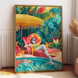 Summer Catrina Wall Art Funny DIa de los Muertos Printable with Vibrant Mexican Pool, Colorful Tropical Humor Print
