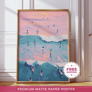 Póster de papel mate con gente pequeña haciendo surf, decoración de pared de verano en el océano, impresión con vista a la playa, obra de arte retro rosa, decoración minimalista de casa de playa