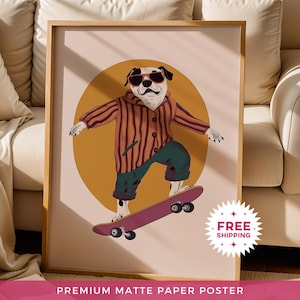 Póster de papel mate de perro patinando, estampado animal caprichoso para habitación infantil, decoración infantil divertida, arte de pared para mascotas sin marco, envío gratis ISO