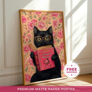 Gatto che legge il libro "Vivere con i contadini", decorazione da parete, stampa divertente di un animale domestico, gattino che legge un libro divertente, arte umoristica, ritratto di un animale senza cornice, regalo