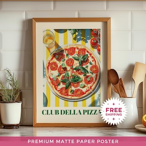 Club Della Pizza, dipinto, cucina italiana, stampa artistica, opera d'arte vintage da pizzeria, formato A4, decorazione da parete per cucina mediterranea, regalo di inaugurazione della casa, poster formato A3