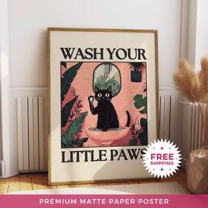 Póster de papel mate "Lava tus patitas", impresiones para el baño, impresión de gato negro, impresión divertida sin marco, impresión artística estética de inodoro