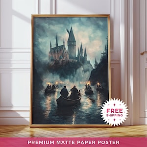 Decoración de pared con castillo de mago, pintura de escuela de magia, barco nocturno, impresiones de arte de pared de moda, póster para sala de estar, impresiones de lago acogedor, envío gratis
