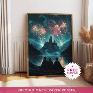 Wizard Fireworks Matte Paper Poster, Magic School Painting, Magical Castle Prints, Trendy Wall Art Poster, Cozy Night Wall Decor