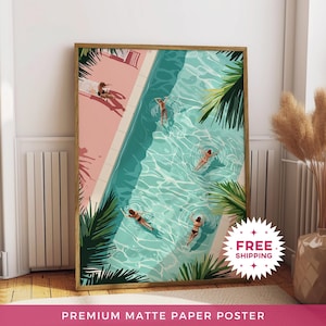 Poster di carta opaca Tiny People Swimming, stampabile in piscina estiva, decorazione da parete con vista sulla piscina, poster retrò colorato, decorazione estiva per la casa