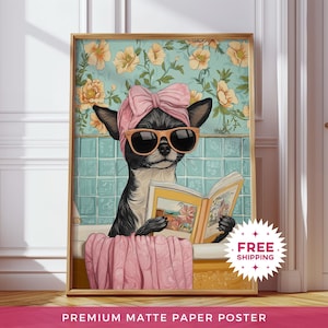 Stampa con cane da bagno, decorazione divertente da parete per il bagno, stampa per la doccia, poster da parete per WC, adorabile Chihuahua da bagno, stampa senza cornice con animali.
