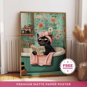 Poster di carta opaca con gatto da bagno, decorazioni divertenti per pareti del bagno, stampe per la doccia, poster da parete per il water, poster di gatti adorabili, stampe per il bagno