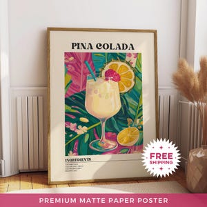 Póster de papel de piña colada, decoración de pared de cóctel, impresiones de bebidas de coco, arte sin marco de bebidas tropicales, póster de cócteles, pósteres de bebidas de piña
