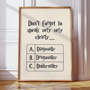 May include: A framed print with a cream-colored background and black text. The text reads "Don't forget to speak very very clearly..." followed by three options: A. Diagonally, B. Dragonalley, C. Dobbynalley. The frame is a light brown color.
