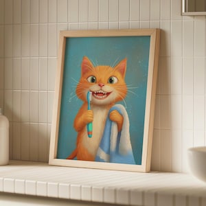 Póster de gato peculiar para baño, arte caprichoso para niños, baño, gatito naranja imprimible, humor de mascotas, higiene dental, decoración, obra de arte divertida