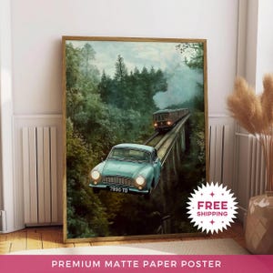 Matte papieren poster magische vliegende auto, blauwe Ford Anglia-schilderij, Magical Express-afdrukken, trendy muurkunstposter, wanddecoratie tovenaarswereld