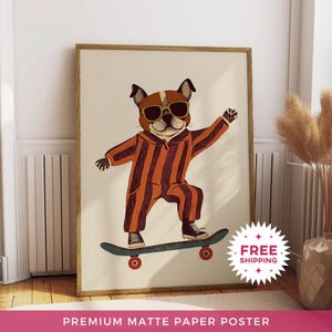 Arte de pared para habitación infantil con diseño de perro patinando, estampado animal caprichoso para habitación infantil, decoración infantil divertida sin marco, 300 DPI