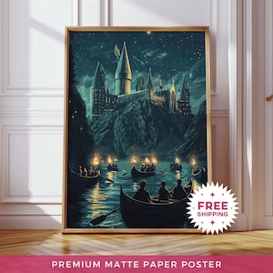 Póster de papel de Castillo de Mago, Pintura de Escuela de Magia, Barco, Impresiones Nocturnas, Arte de Pared Moderno, Impresión para Sala de Estar, Imprimible, Lago Acogedor, Decoración de Pared Sin Marco