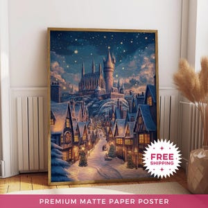 Zima w Szkole Czarodziejów Matowy Papier Plakat, Malowanie Magii Śniegu, Magiczne Wydruki Zamku, Modna Sztuka Ścienna, Przytulna Wieś Bożonarodzeniowa Wydruk