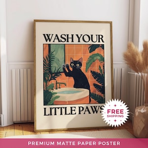 Póster de papel mate "Lava tus patitas", impresión divertida para el baño, decoración de gato negro, impresiones divertidas, arte de pared para inodoro sin marco