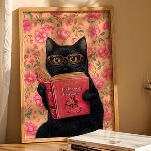 「農民と暮らす」の本を読んでいる猫の壁飾り、面白いペットのプリント、子猫が読んでいる面白い本アート、ユーモラスな動物のデジタルダウンロードギフト