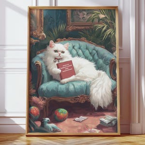 「世界征服」の本を読む猫の壁飾り、面白いペットプリント、子猫が面白い本を読むアート、ユーモラスな動物、デジタルダウンロードギフト