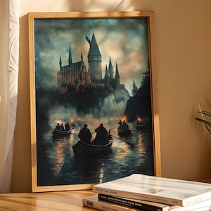 Impresión de castillo de mago, pintura de escuela de magia, impresiones de noche de barco, póster de arte de pared de moda, imprimible para sala de estar, decoración de pared de lago acogedor