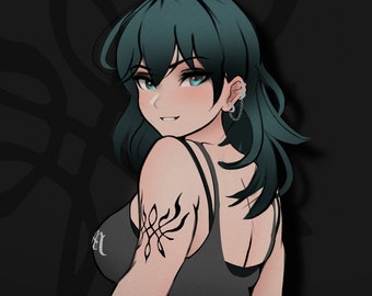 May include: A woman with teal hair and a black crop top with a chain belt. She has a tattoo on her upper arm and is wearing a black skirt with striped stockings.